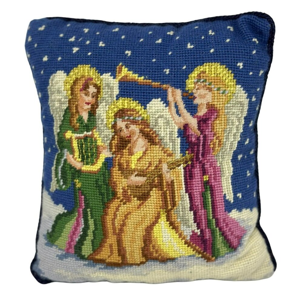 Vintage‎ Needlepoint Velvet Pillow – Musical Angels Christmas Decor – 9.5″ × 10″